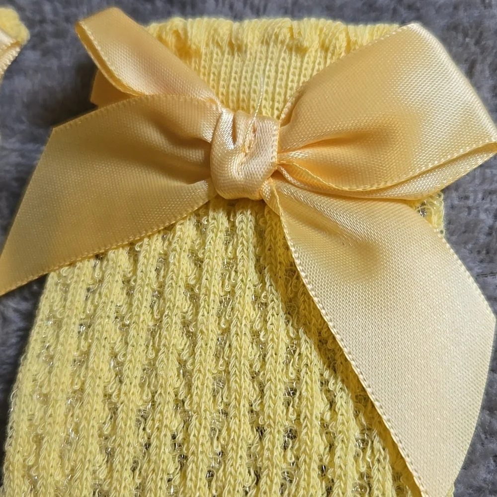 Baby Girl Toddler Knee High Crochet Knit Satin Bowknot Yellow Socks 12-24M